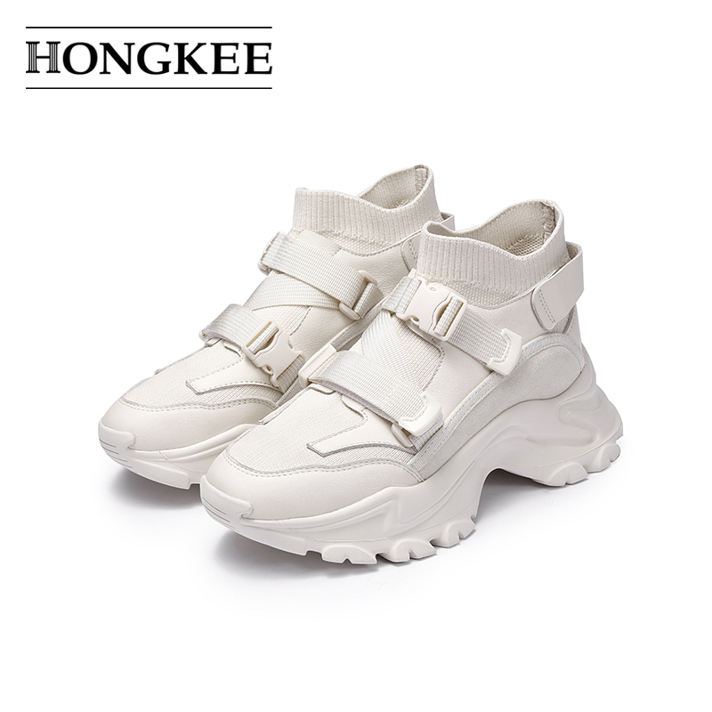 Hongkee/红科老爹鞋飞织休闲运动女鞋秋季新款机车风HD32F400