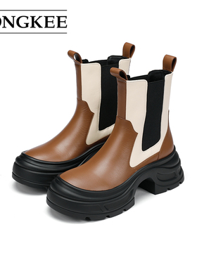 Hongkee/红科短靴女牛皮厚底休闲切尔西靴秋冬新款单靴H654D402