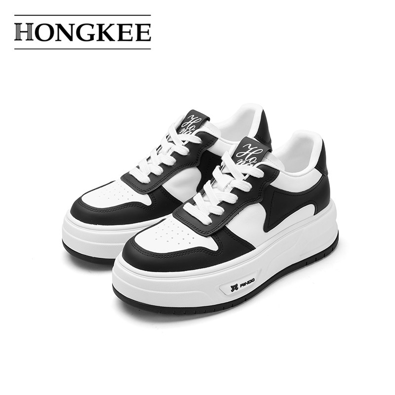 hongkee/红科2023年春季新款牛皮圆头休闲运动厚底单鞋女hb23x103