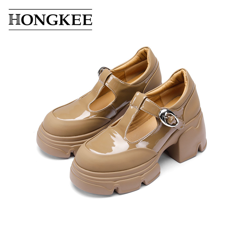 Hongkee/红科玛丽珍24新款T字带单鞋厚底粗跟英伦风女鞋HD94D101