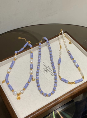 小众设计蓝纹玛瑙金粒珍珠项链