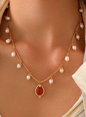 小众设计款红玛瑙珍珠项链