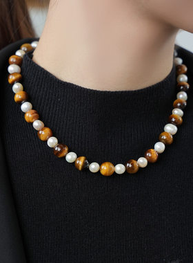 天然虎眼石珍珠项链简约时尚气质