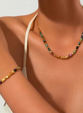 小众设计天然绿碧玺串碎金子手链