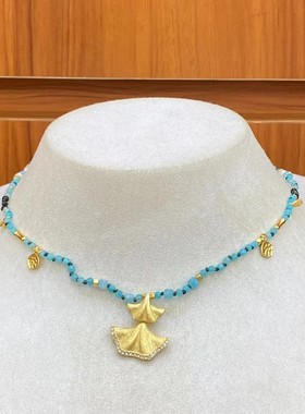 小众设计银杏叶复古风天然石串珠项链女轻奢高级感锁骨链颈链配饰