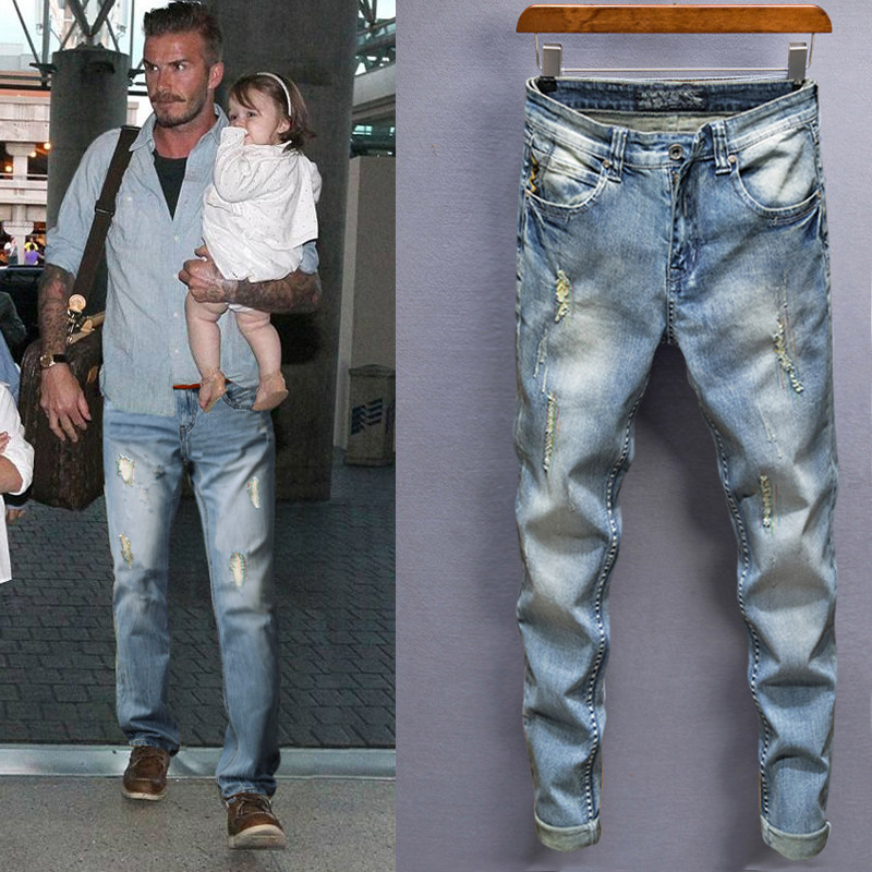 夏季薄款贝克汉姆明星同款牛仔裤男修身小脚水洗浅色破洞刮烂潮牌