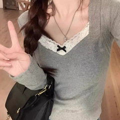 NTOT蕾丝拼接磨毛保暖打底衫长袖T恤女秋冬灰色修身内搭加绒加厚