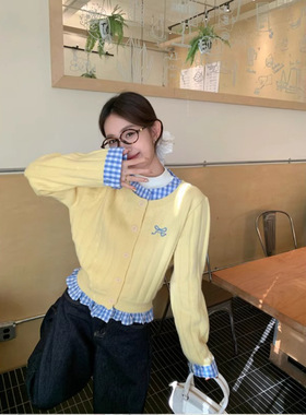 NTOT韩系格纹拼接毛衣外套女春季2025新款时髦洋气单排扣宽松针织