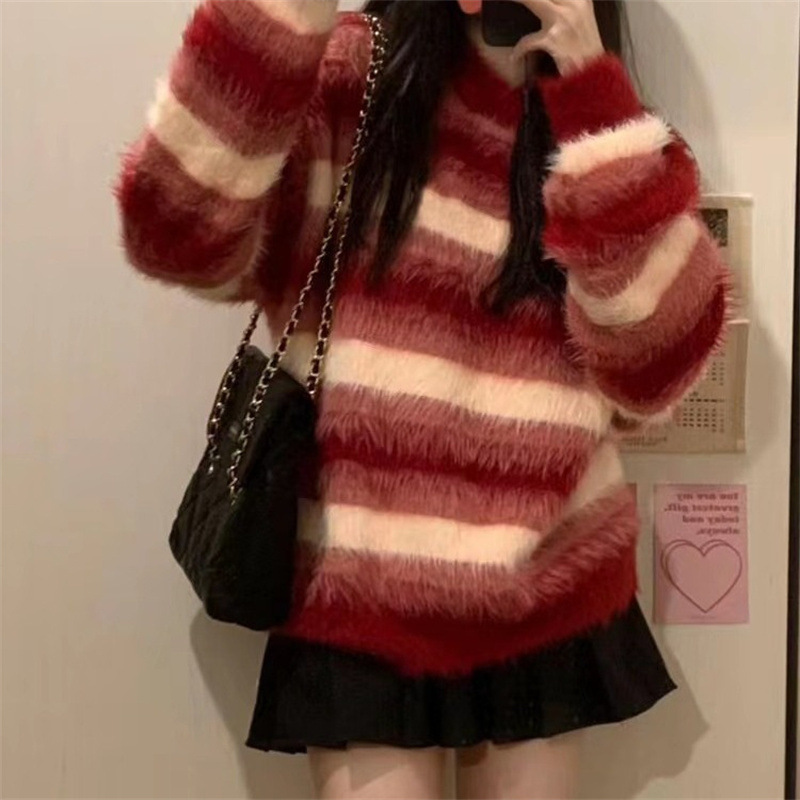 NTOT甜美风仿水貂绒软糯毛衣女2025秋冬新款慵懒风条纹针织套头毛