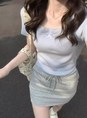 NTOT纯欲蕾丝边蝴蝶结正肩短袖女小个子短款辣妹修身显瘦气质别致