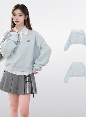 NTOT美式蓝色polo翻领套头短款卫衣女春秋冬季宽松慵懒风小个子学