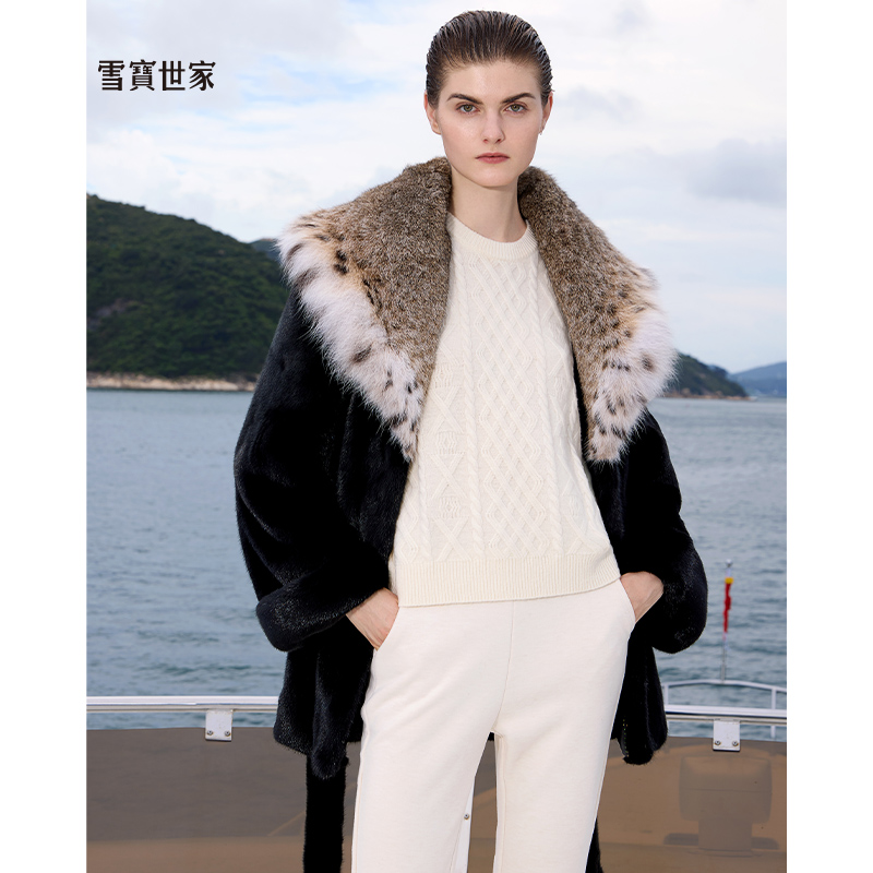 雪寶世家原創(chuàng) 山貓領(lǐng) 貂皮大衣女進(jìn)口天鵝絨整貂時(shí)尚皮草2024新款