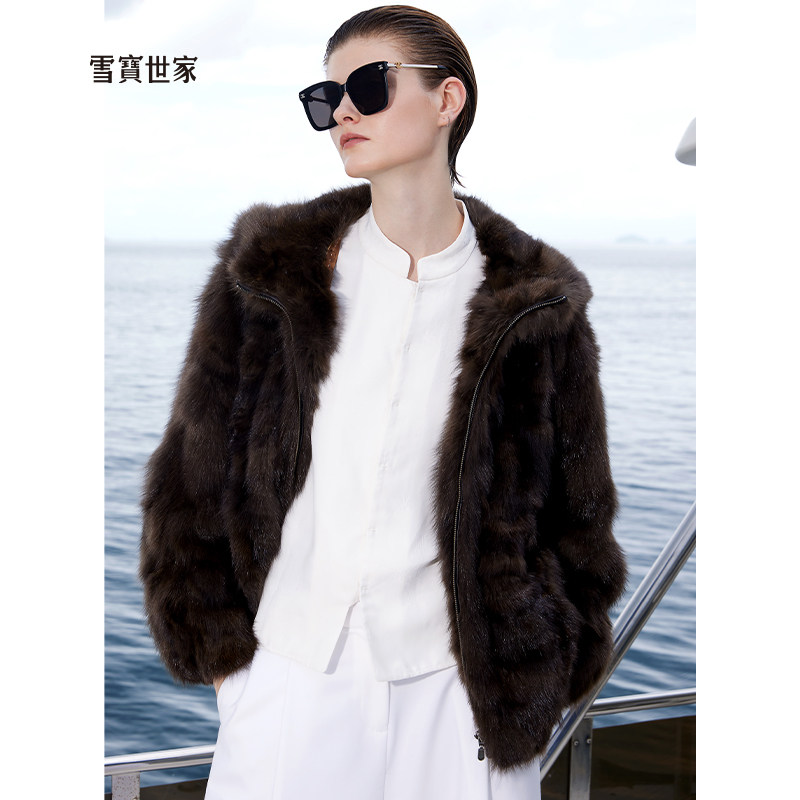 雪宝世家 2024新款俄罗斯紫金貂外套短款女连帽农夫拼貂皮草冬
