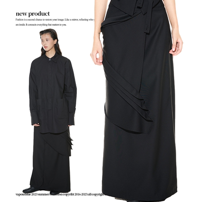 VAPOURBLUE黑色压褶不规则半身裙