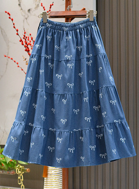 成人tutu裙子牛仔半身裙女2025新款蝴蝶结a字大摆蛋糕裙蓝色半裙