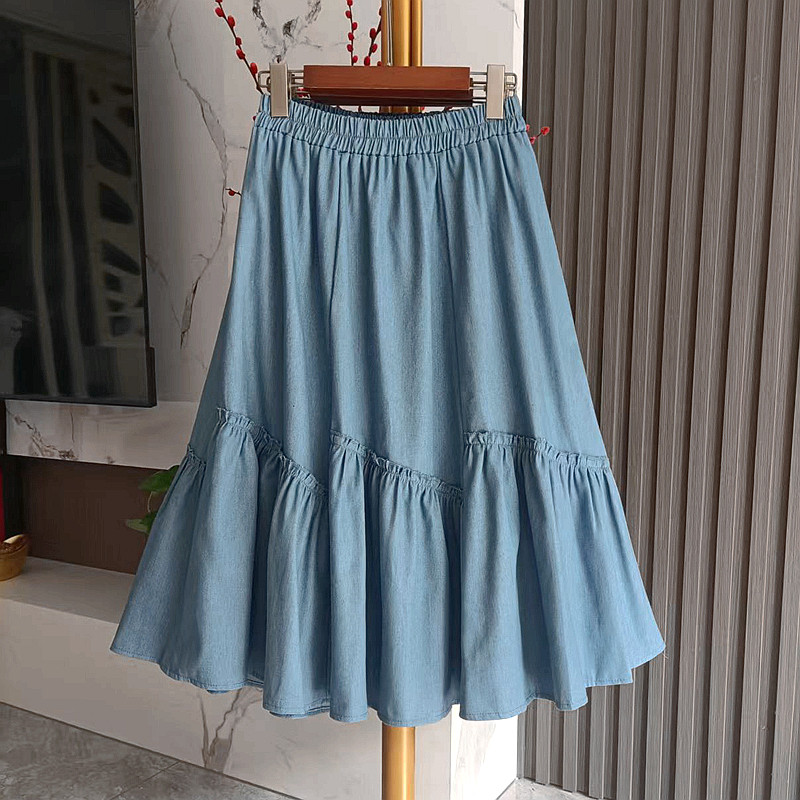 牛仔裙女半身裙2026春夏新款中长款不规则花边松紧腰身大摆半裙子,女装/女士精品,半身裙,淘宝优惠券,粉丝福利购,淘宝优惠卷