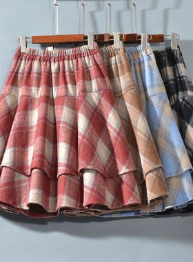 秋季短裙子a字格子半身裙女2024新款秋冬款毛呢蛋糕裙安全裤半裙