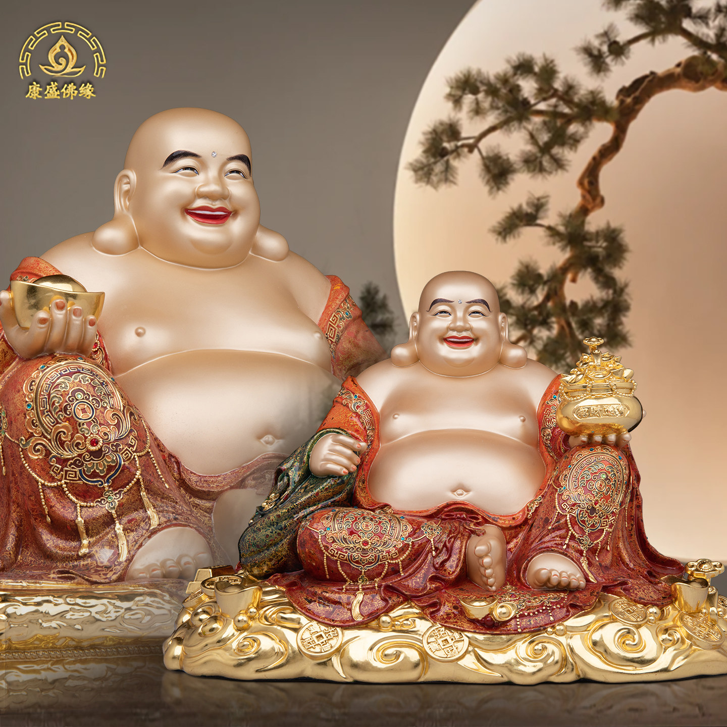 台湾纯铜非遗大漆弥勒佛摆件大肚佛像供奉家用客厅桌面招财佛摆件