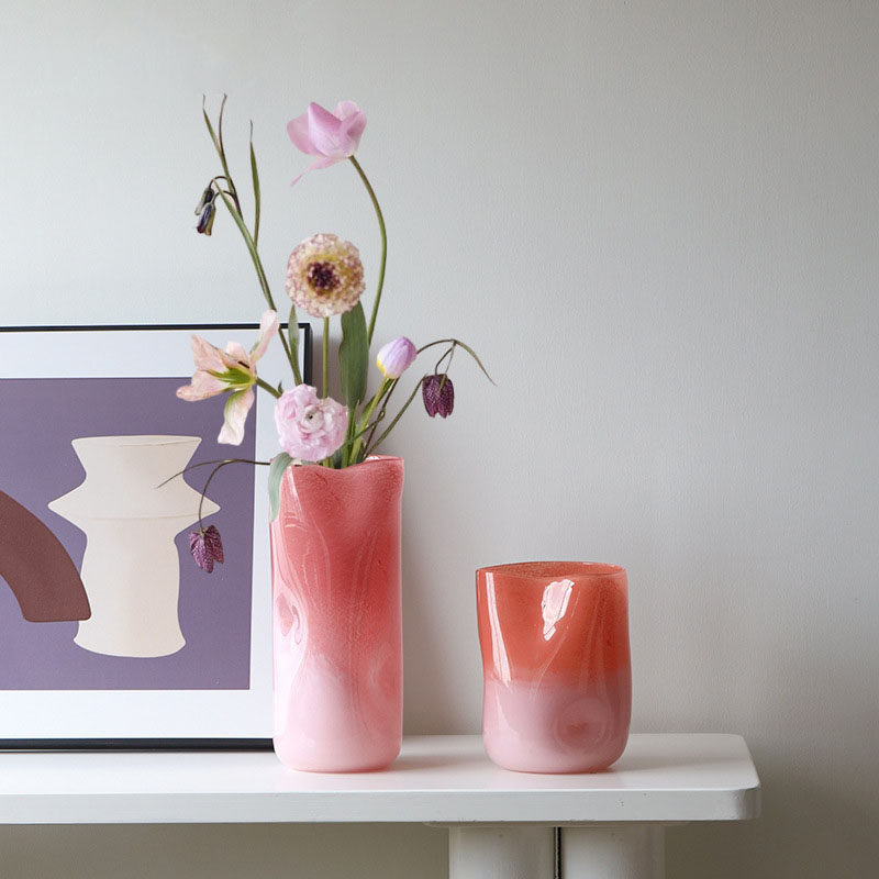 网红橘粉色渐变直筒圆柱玻璃花瓶摆件高级家居客厅水培花器装饰品,家居饰品,花瓶,淘宝优惠券,粉丝福利购,淘宝优惠卷