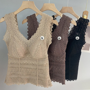 米娅林蕾丝加绒加厚秋冬1844美背吊带背心女内搭带胸垫防走光打底