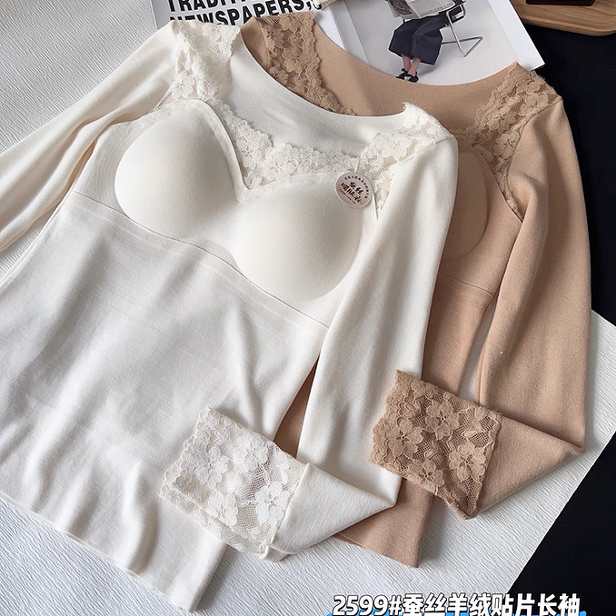 惠芝欣2599女士秋冬桑蚕丝羊绒贴片保暖上衣长袖固定杯打底暖肤衣 女士内衣/男士内衣/家居服 保暖上装 原图主图