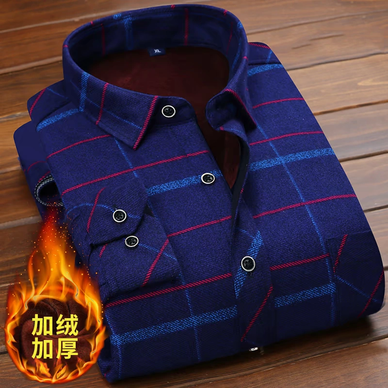 Áo cotton dài tay kẻ sọc dày kẻ sọc mùa thu và mùa đông cha kinh doanh bình thường màu xanh lá cây trung niên tuxedo
