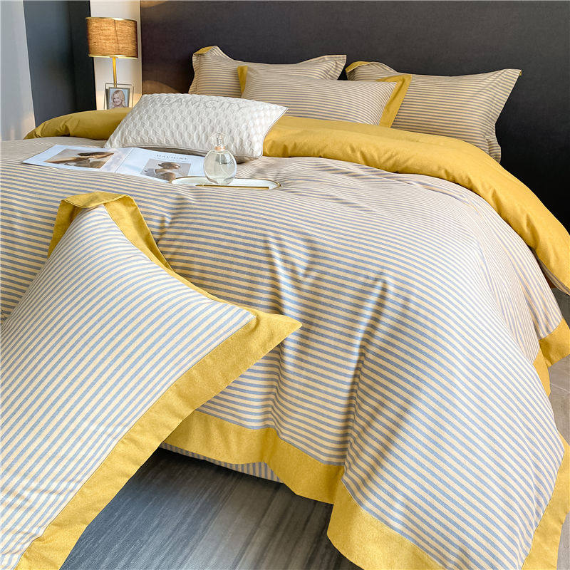 纯棉四件套床上用品斜纹全棉被套4件套被罩简约条纹格子加厚磨毛