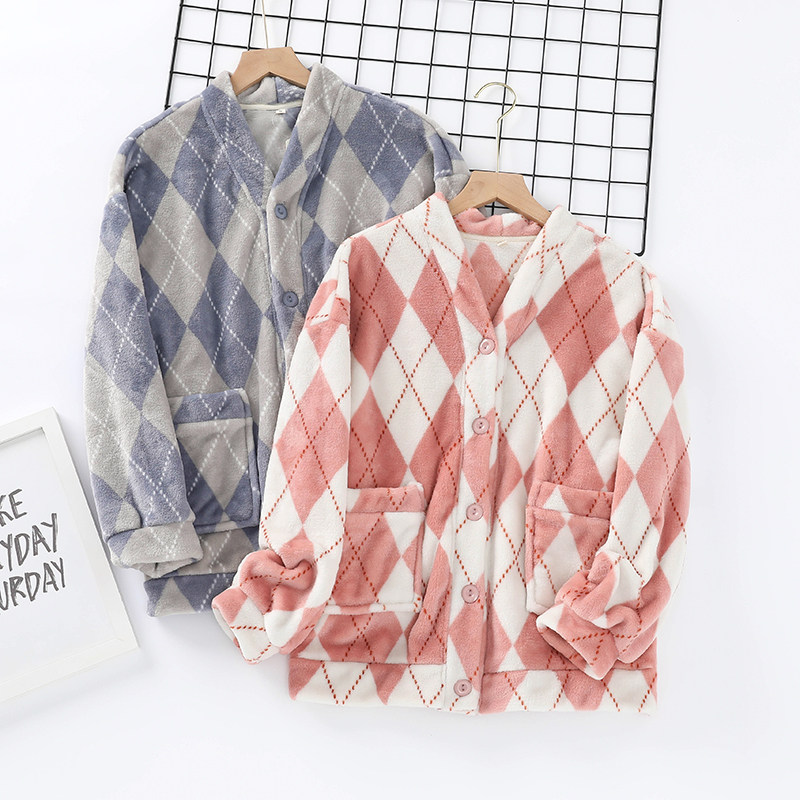 冬季加厚法兰绒睡衣上衣日系格子