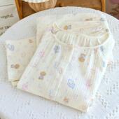 纯棉双层纱布睡衣女春秋夏季 可爱卡通长袖 开衫 新款 全棉家居服套装