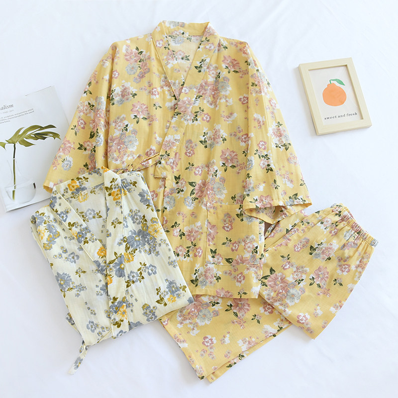 日系和服睡衣女春秋薄款纯棉双层纱布浴服全棉日式田园风情家居服