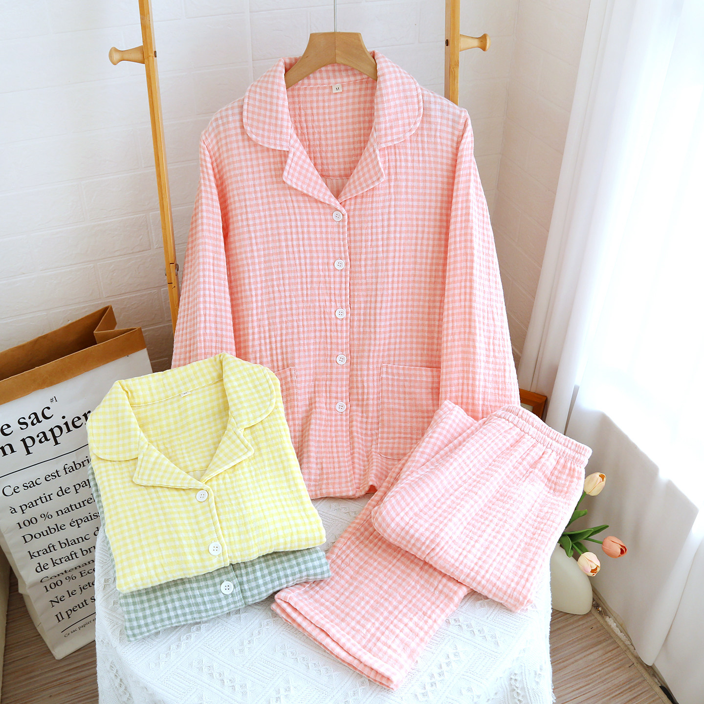 新款网红包边纯棉四层纱布睡衣女士春秋季长袖套装无印格子家居服,女士内衣/男士内衣/家居服,睡衣/家居服套装,淘宝优惠券,粉丝福利购,淘宝优惠卷