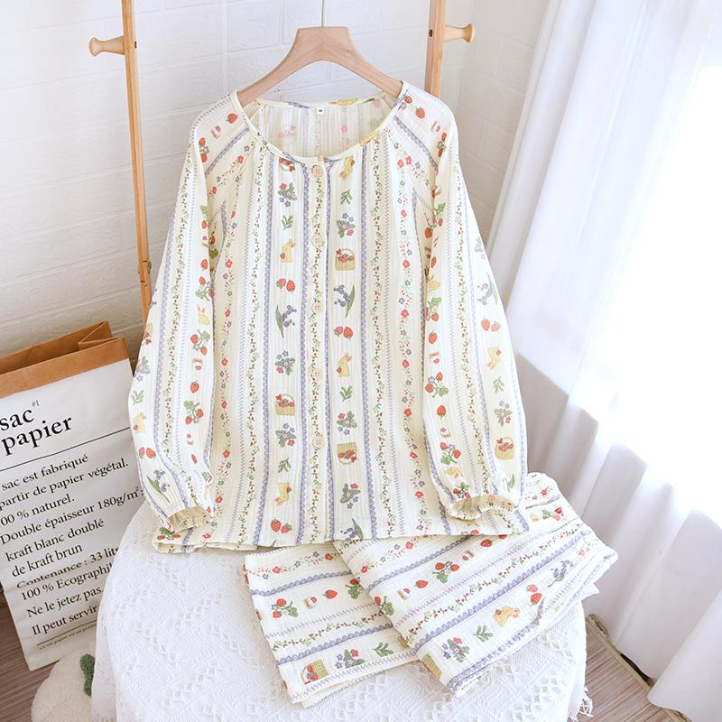 新款纯棉双层纱布睡衣女春秋季长袖长裤日系田园风学生家居服套装