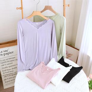 蕾丝花边女士莫代尔秋衣秋冬薄款打底衫单件上衣内穿保暖内衣线衣