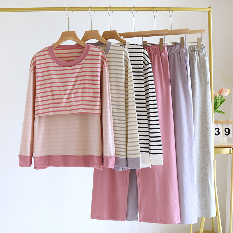 带胸垫一体睡衣女春秋长袖日系纯棉条纹家居服免穿文胸简约家居服,女士内衣/男士内衣/家居服,睡衣/家居服套装,淘宝优惠券,粉丝福利购,淘宝优惠卷