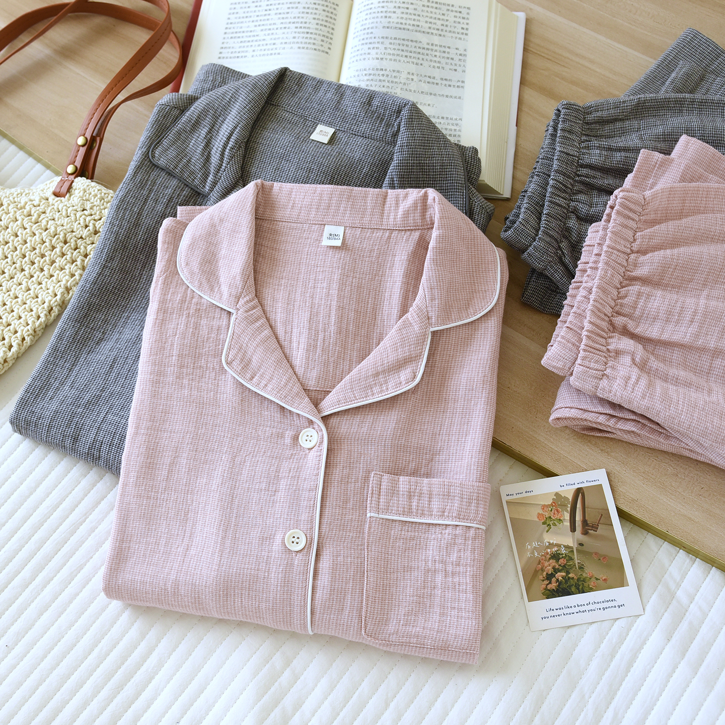 新款纯棉双层纱布睡衣男女春秋