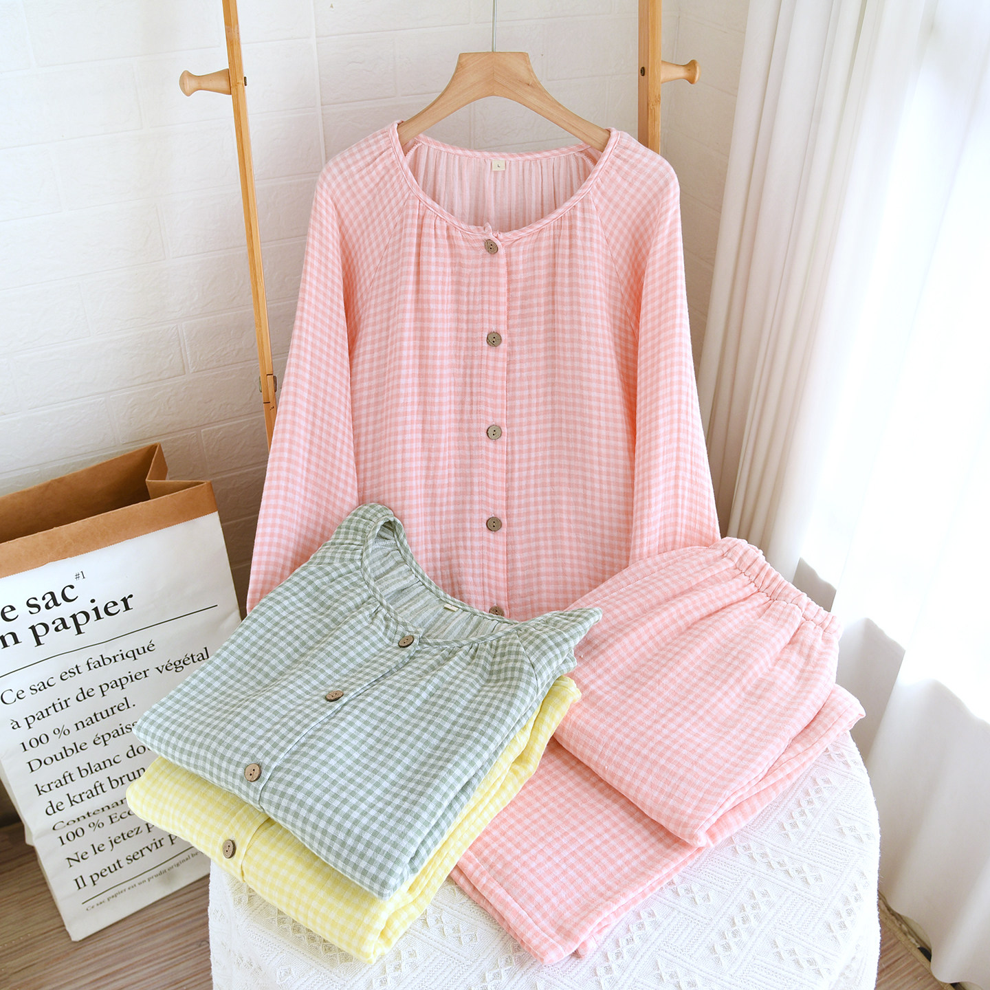 新款纯棉四层纱睡衣女春秋季高档100全棉纱布无印格子保暖家居服,女士内衣/男士内衣/家居服,睡衣/家居服套装,淘宝优惠券,粉丝福利购,淘宝优惠卷