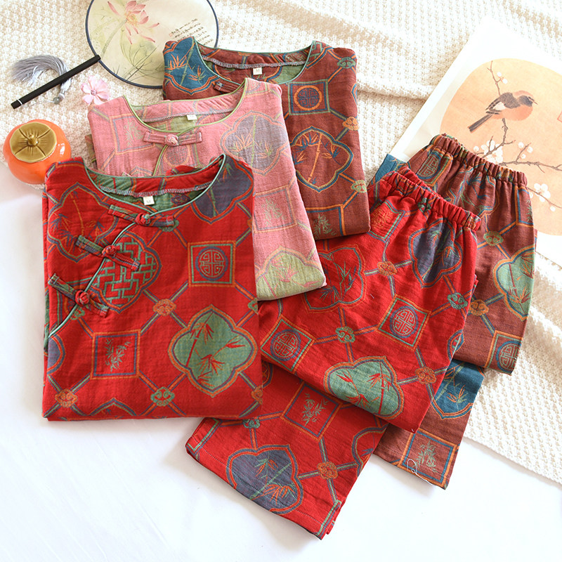 复古风盘扣女睡衣春秋新款纯棉纱布提花长袖夏古典优雅家居服外穿,女士内衣/男士内衣/家居服,睡衣/家居服套装,淘宝优惠券,粉丝福利购,淘宝优惠卷