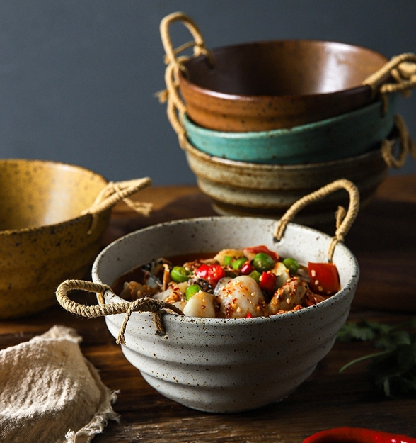 复古粗陶双耳盘日式深盘水果盘菜盘家用简约面碗