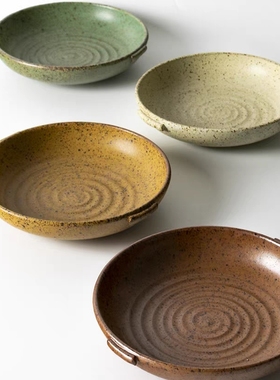 日式双耳复古深盘创意简约圆形餐盘粗陶盘