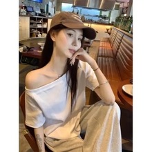 设计感小众斜领露肩短袖T恤女夏季新款韩版宽松显瘦百搭慵懒风ins