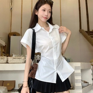 POLO领衬衫 夏季 白色短袖 女装 上衣 新款 设计感收腰显瘦衬衣百搭开衫