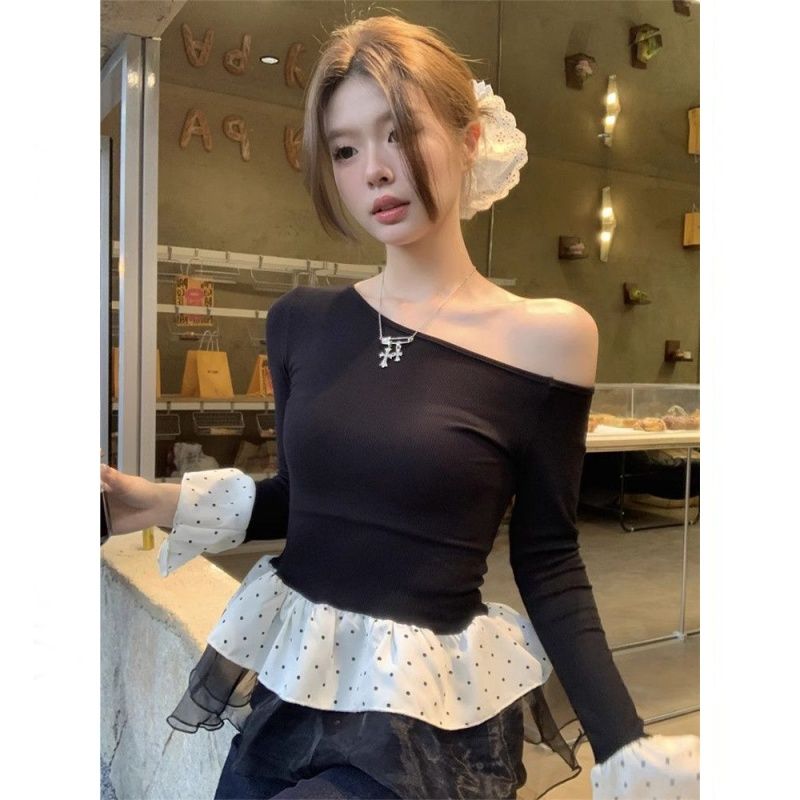 法式拼接黑色波点斜肩长袖T恤女秋季新款纯欲辣妹风假两件打底衫