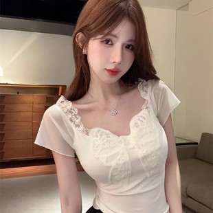 短款 甜辣妹蝴蝶结短袖 别致方领独特白色修身 t恤女夏季 上衣ins 新款