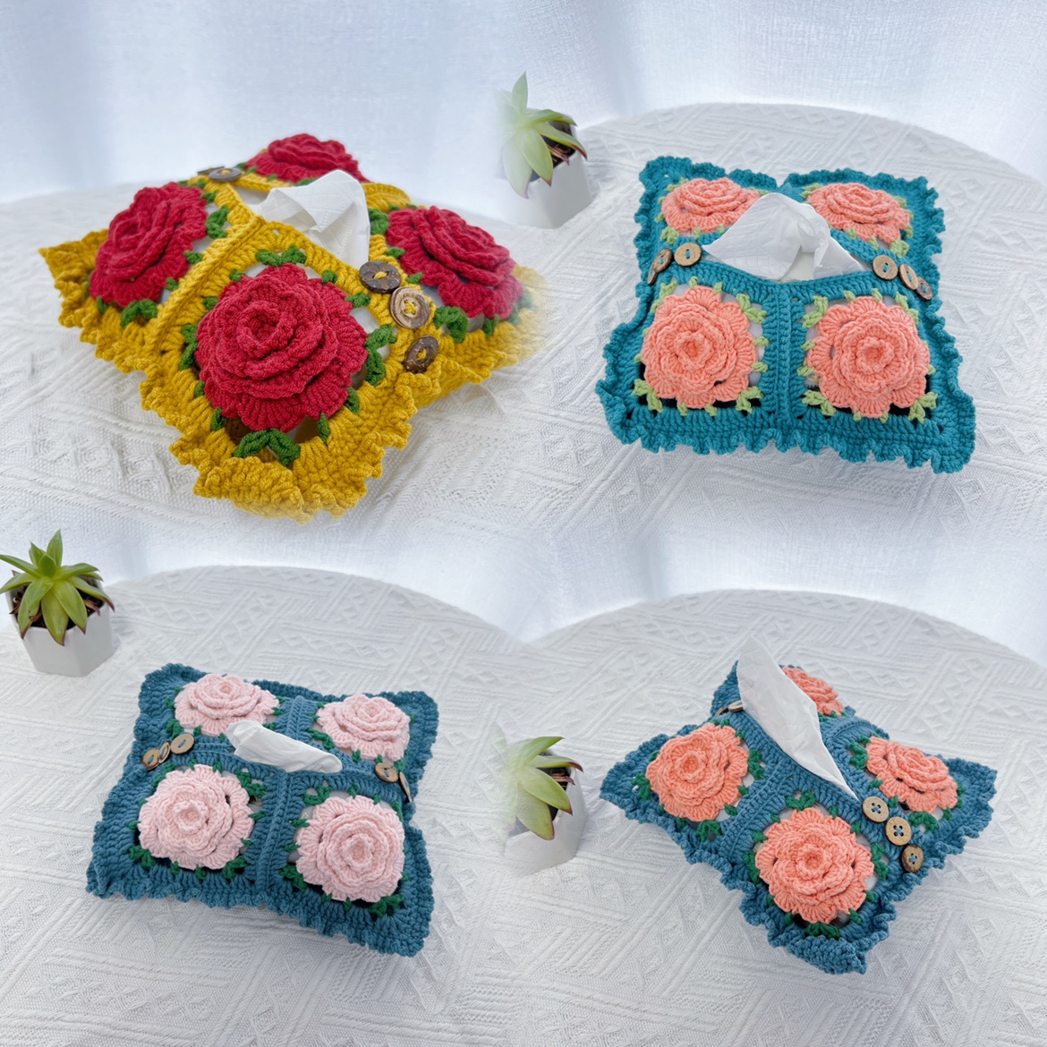 丹霞手作 纯手工编织复古花花抽纸套纸巾盒房间装饰