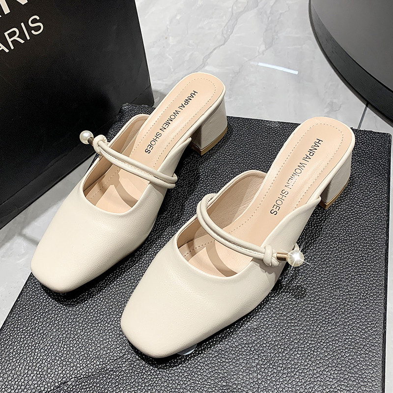 半包头拖鞋女外穿2026夏季洋气懒人方头百搭粗跟高跟凉拖鞋派WK18