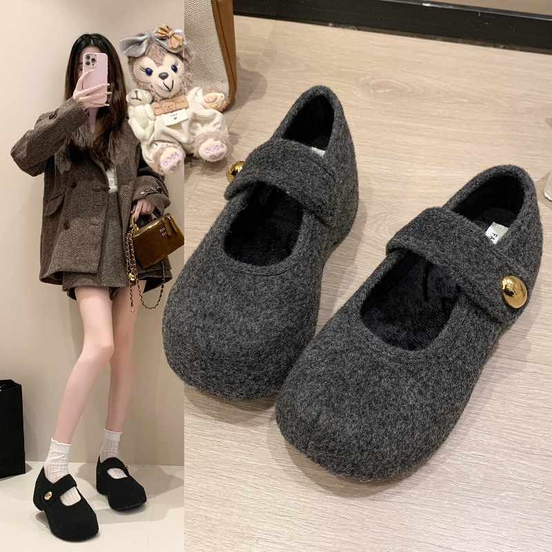 冬加绒棉鞋小蛮腰松糕厚底玛丽珍鞋高跟小个子内增高勃肯鞋配裙子