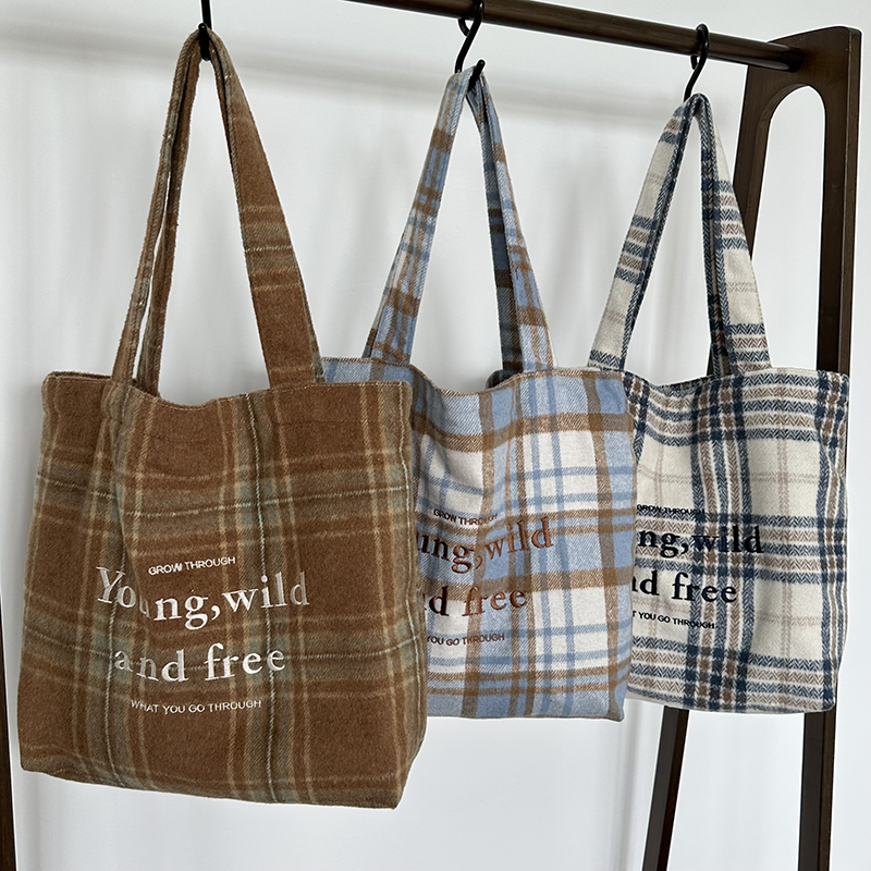 复古格子帆布托特包女大容量字母刺绣单肩包百搭手提包