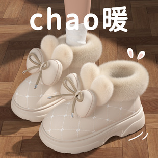 防水包跟棉鞋女士冬季2025新款保暖防滑外穿蝴蝶结厚底加绒棉拖鞋