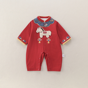 新生婴儿春季连体衣宝宝新中式马拜年服喜庆满月百天周岁外出礼服