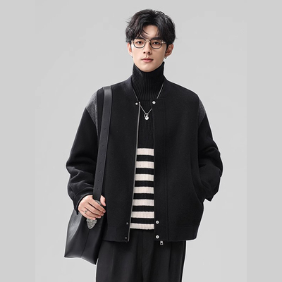 2025新款双面呢夹克外套短款宽松秋季高级感拼色棒球领呢子大衣